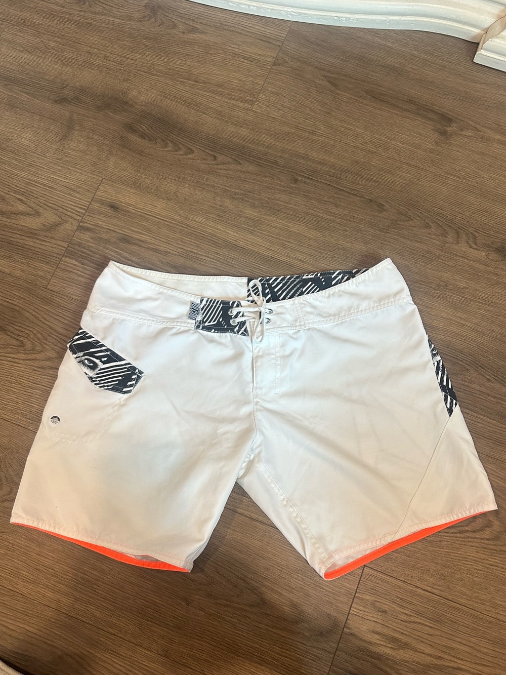Volcom Y2K White Board shorts with Black Pattern and Orange Trim